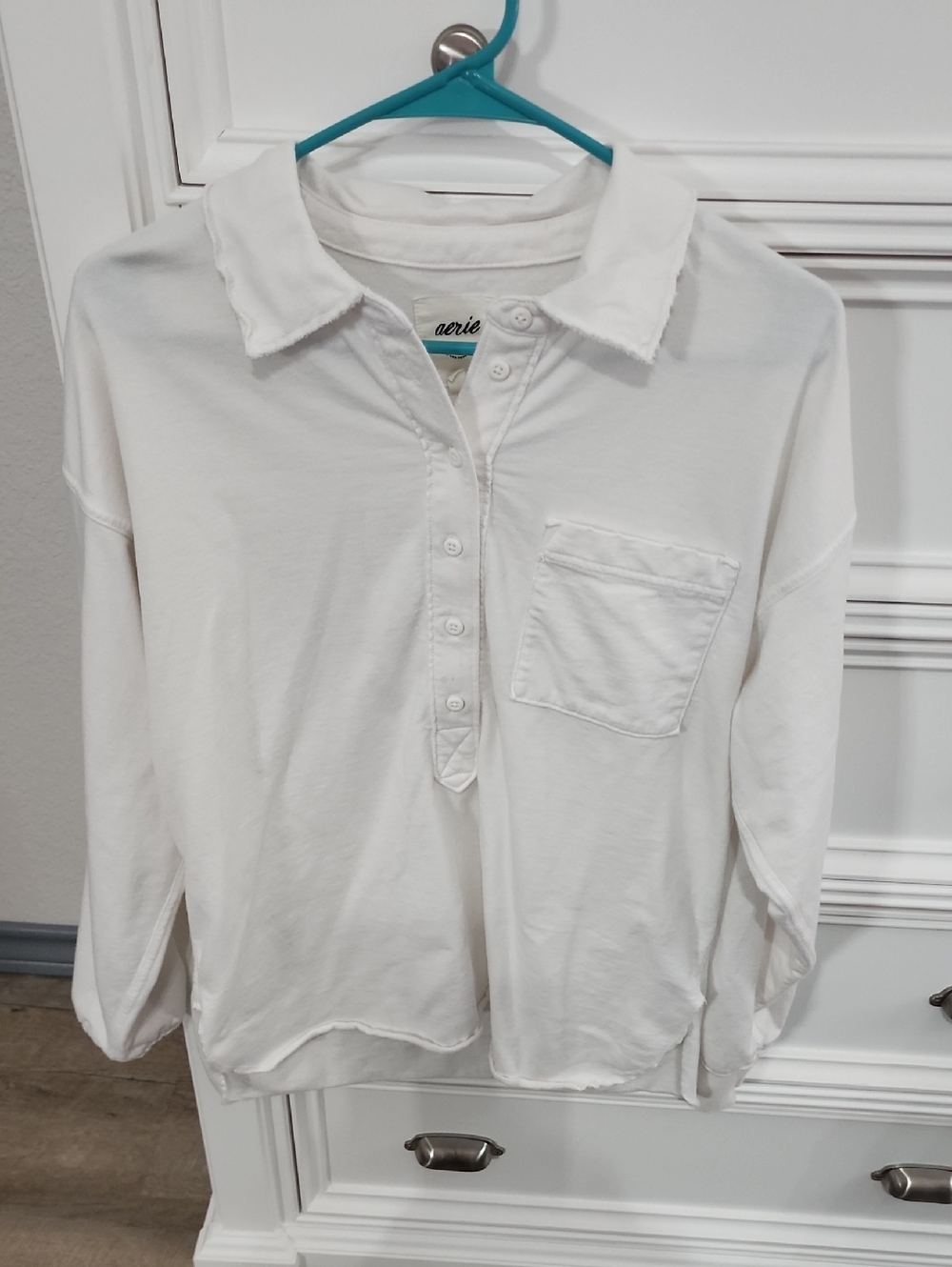 AERIE White Long-Sleeve Henley with Chest Pocket